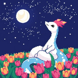 A beautiful pixel art portrayal of Milotic, the elegant water-type Pokémon, sitting peacefully and looking up at a starry night sky