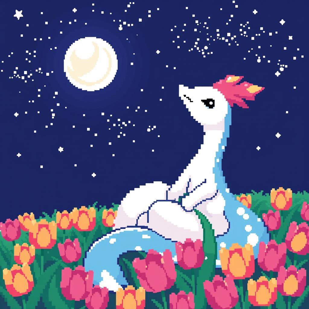 A beautiful pixel art portrayal of Milotic, the elegant water-type Pokémon, sitting peacefully and looking up at a starry night sky