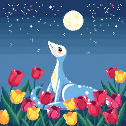 A beautiful pixel art portrayal of Milotic, the elegant water-type Pokémon, sitting peacefully and looking up at a starry night sky