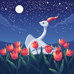 A beautiful pixel art portrayal of Milotic, the elegant water-type Pokémon, sitting peacefully and looking up at a starry night sky