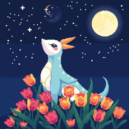 A beautiful pixel art portrayal of Milotic, the elegant water-type Pokémon, sitting peacefully and looking up at a starry night sky