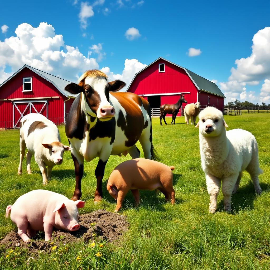A vibrant farm scene featuring a domestic cow, a majestic horse, a playful pig, a fluffy sheep (ovine), and a curious alpaca, all interacting in a sunny pasture