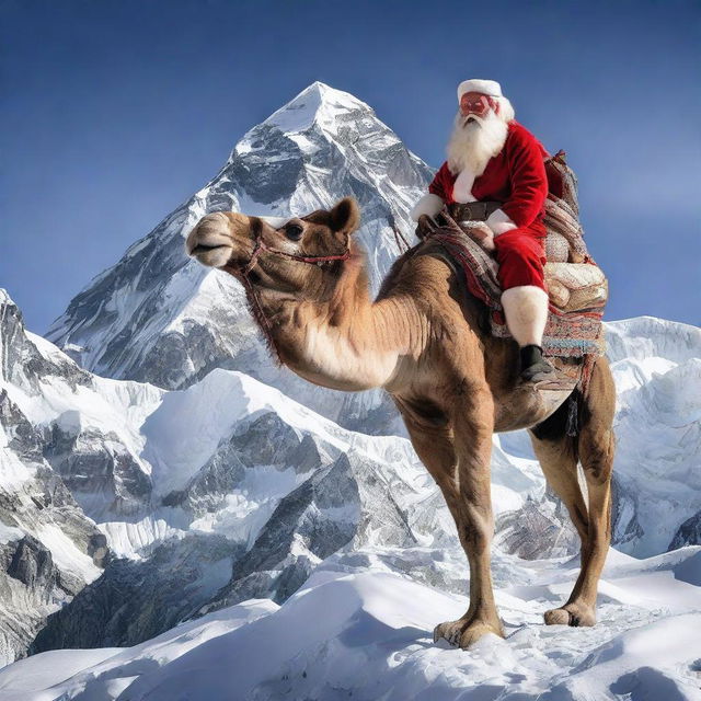 Santa Claus seated on a majestic camel, with the towering and snow-covered peak of Mount Everest in the backdrop.