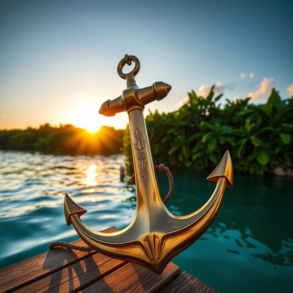 A beautifully crafted anchor, made of polished brass, resting on a wooden dock