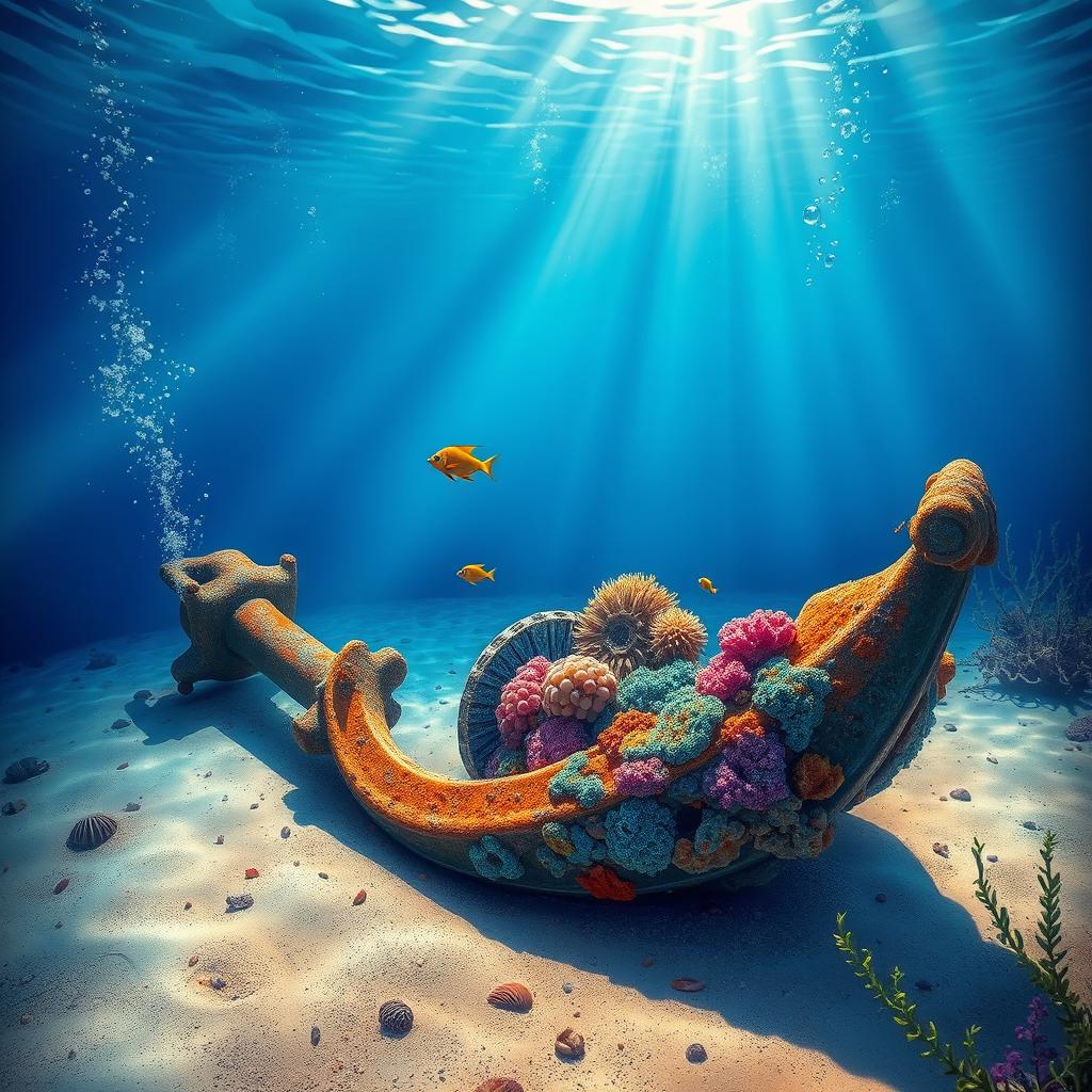 A detailed underwater scene depicting a rusted anchor lying on the sandy seabed
