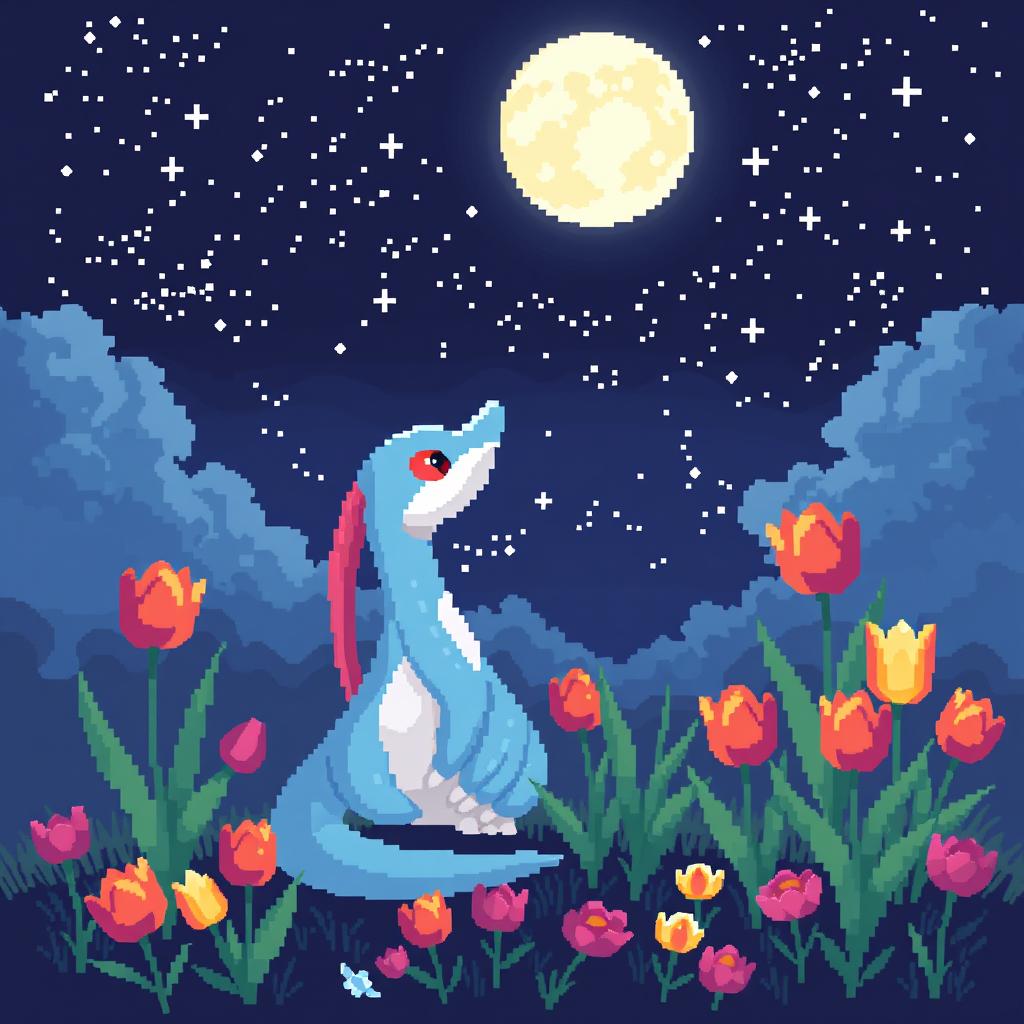 A delightful pixel art scene featuring Milotic, the graceful water-type Pokémon, sitting calmly and looking up at a beautifully detailed night sky