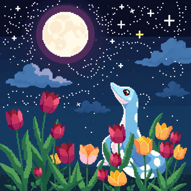 A delightful pixel art scene featuring Milotic, the graceful water-type Pokémon, sitting calmly and looking up at a beautifully detailed night sky