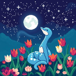 A delightful pixel art scene featuring Milotic, the graceful water-type Pokémon, sitting calmly and looking up at a beautifully detailed night sky