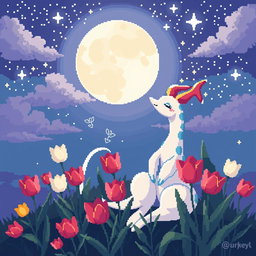 A delightful pixel art scene featuring Milotic, the graceful water-type Pokémon, sitting calmly and looking up at a beautifully detailed night sky