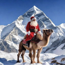 Santa Claus seated on a majestic camel, with the towering and snow-covered peak of Mount Everest in the backdrop.