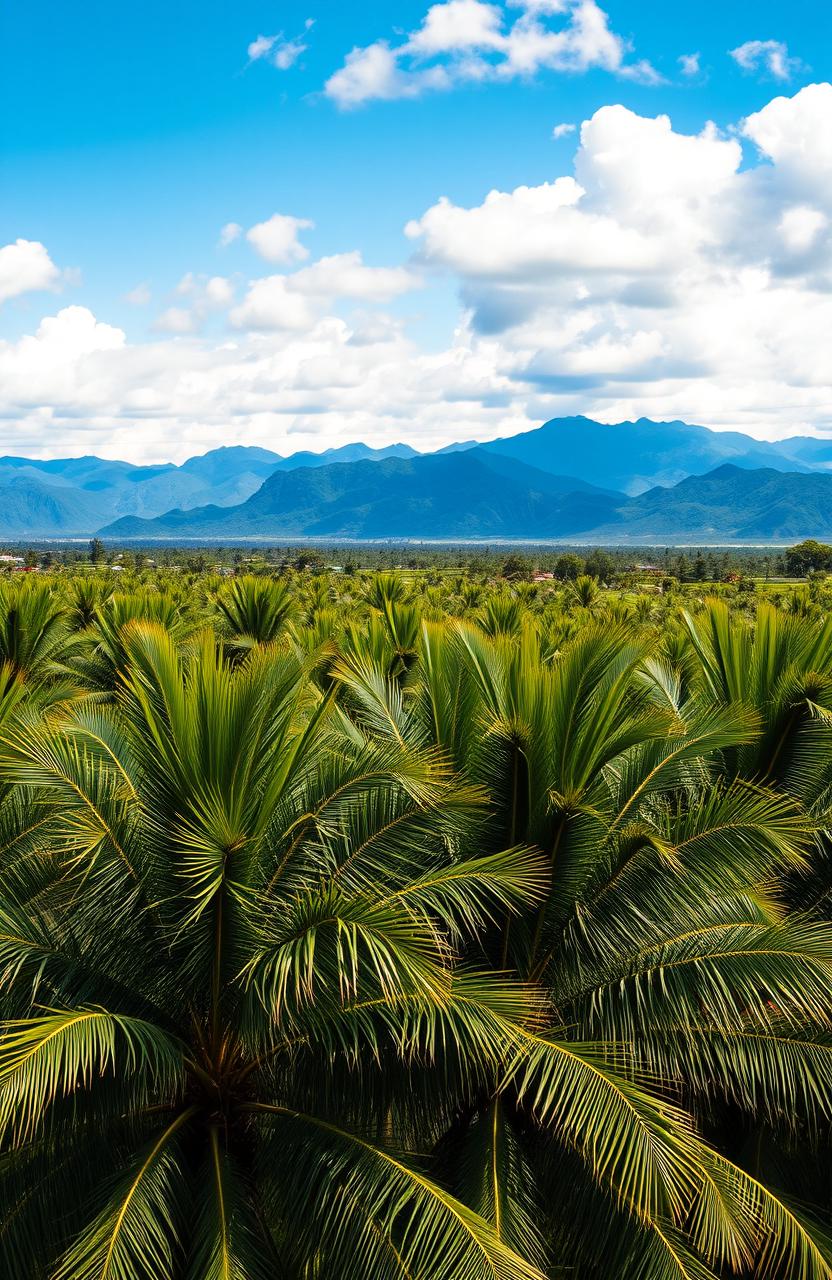 A scenic view of lush green oil palm trees in the foreground, stretching across a vast plantation, with their distinctive fronds swaying gently in the breeze