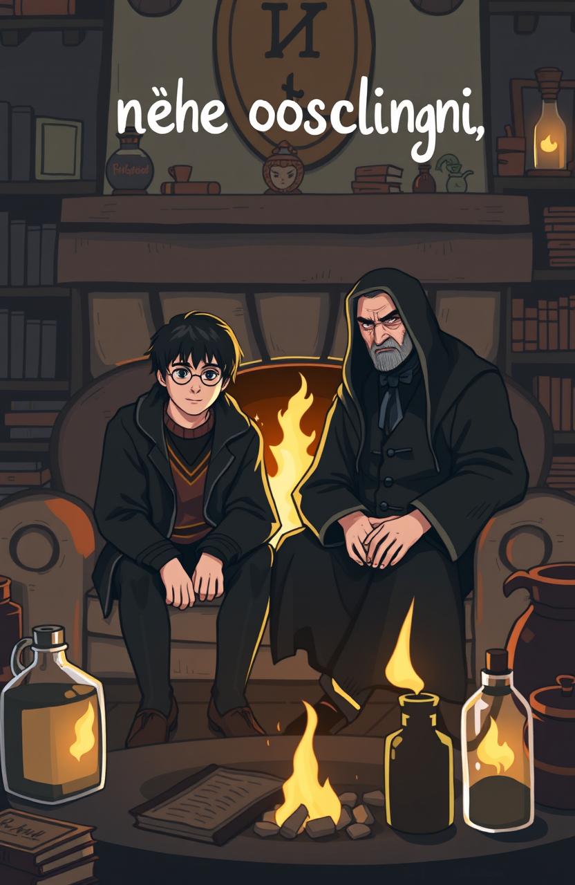 Harry Potter and Severus Snape sitting at home by the fireplace, a cozy and warm atmosphere, soft glow from the fire illuminating their faces, both characters dressed in their signature outfits, surrounded by a homely setting filled with books and potions, a magical vibe in the air