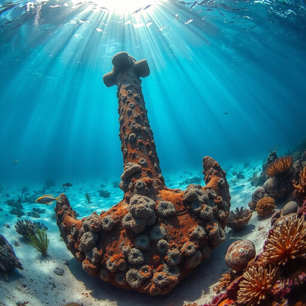 A detailed view of a ship anchor resting on the ocean floor, surrounded by various underwater flora and fauna
