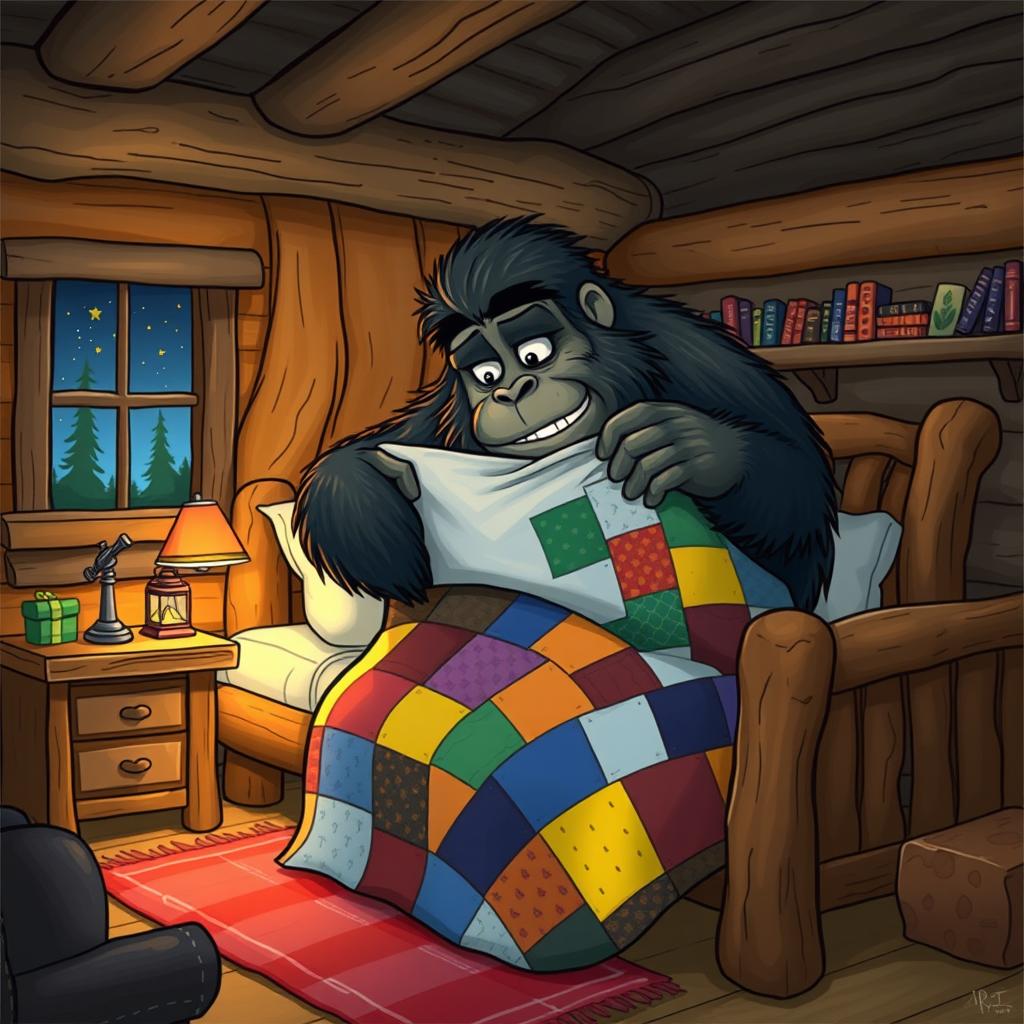 A whimsical scene depicting Bigfoot in a cozy cabin bedroom getting ready for bed