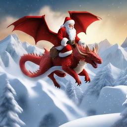 Santa Claus riding a majestic dragon instead of his classic reindeer sleigh, flying high over a snowy landscape.