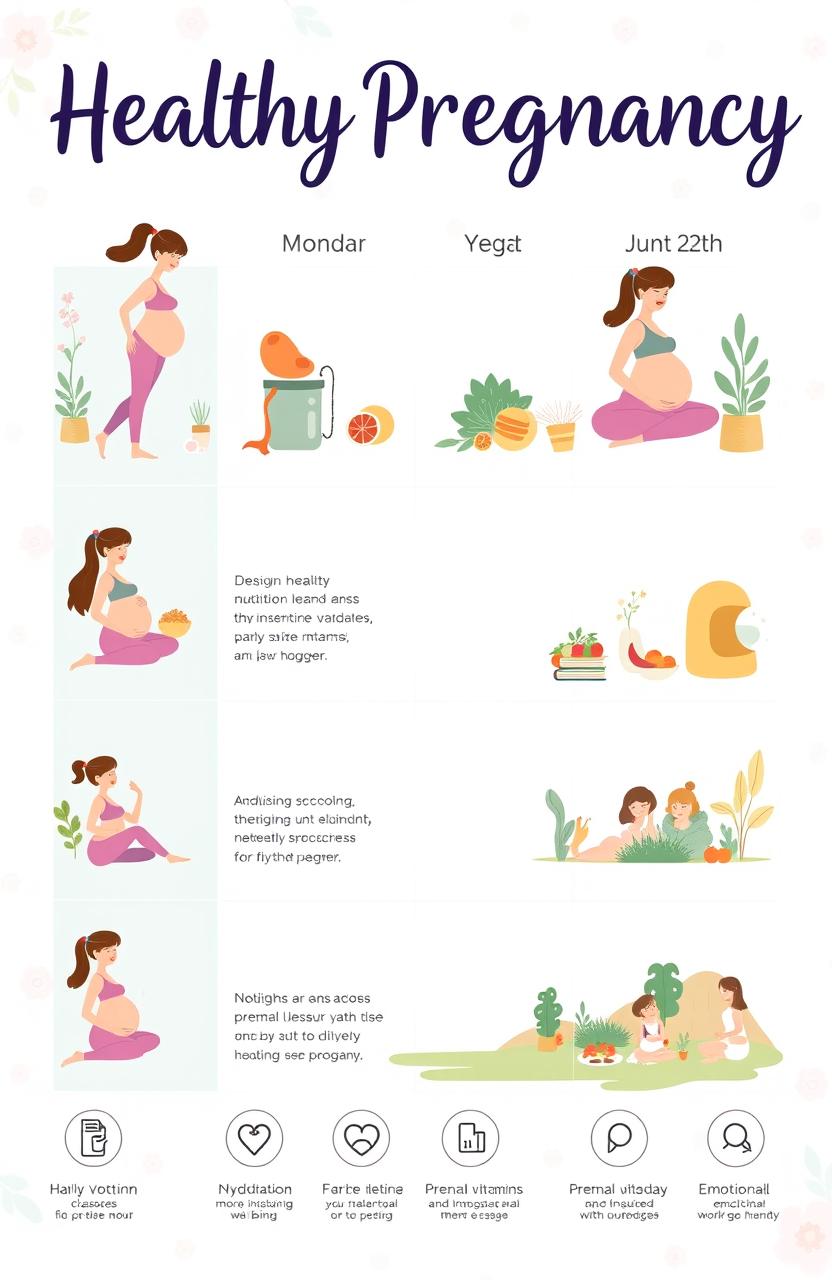 A visually appealing and informative guide layout showcasing a healthy pregnancy month by month