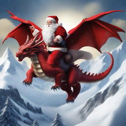 Santa Claus riding a majestic dragon instead of his classic reindeer sleigh, flying high over a snowy landscape.