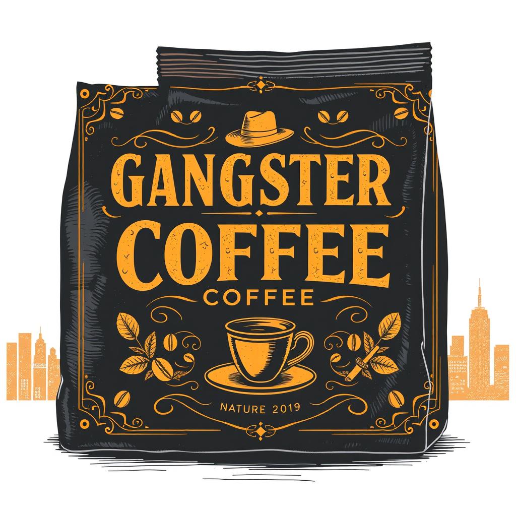 A vintage coffee bag design for a gangster-themed coffee shop, featuring bold, stylish graphics that evoke the 1920s