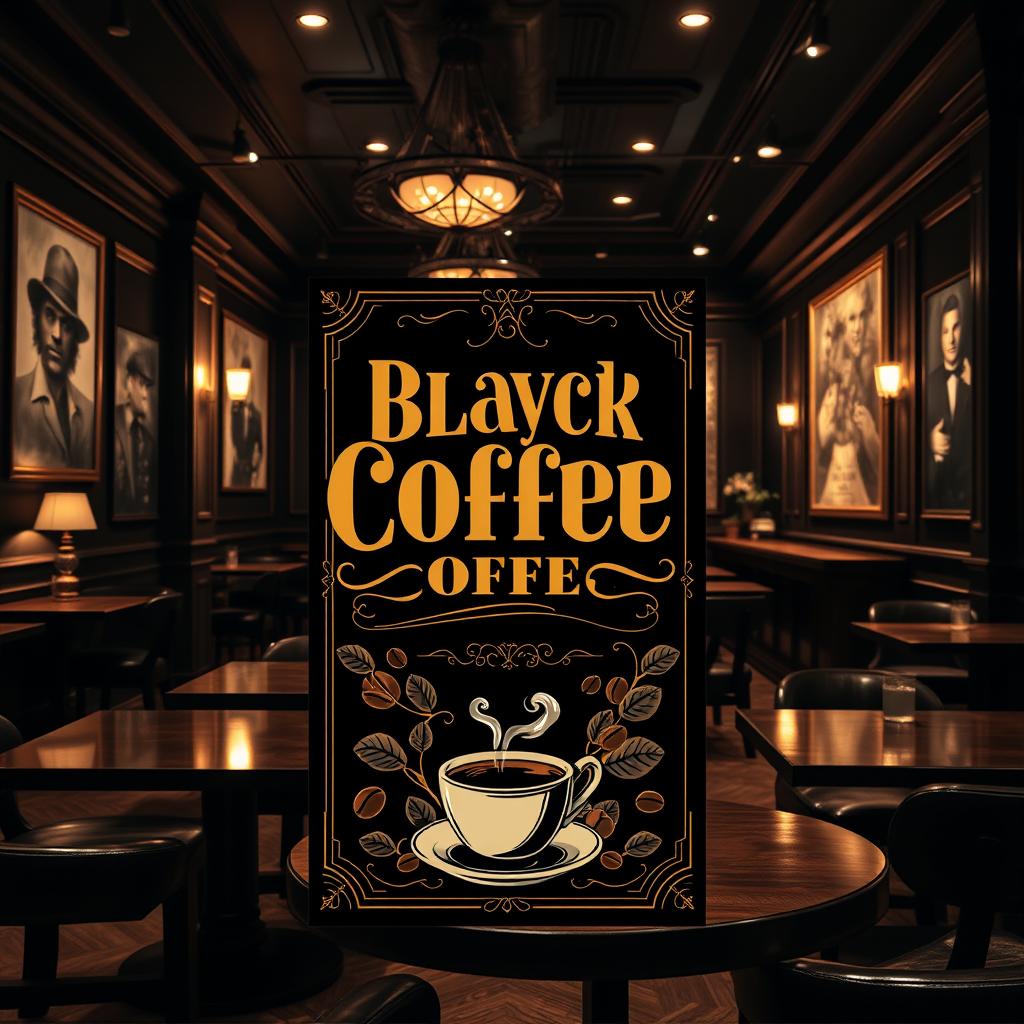 A stylish black vintage coffee shop with a gangster theme, showcasing a luxurious and inviting atmosphere