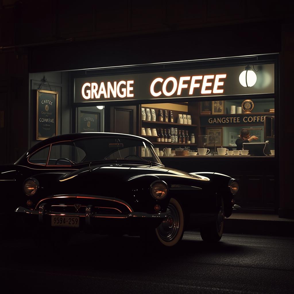A captivating video concept for 'Gangster Coffee', showcasing a vintage black car parked outside an old-school coffee shop with a retro ambiance