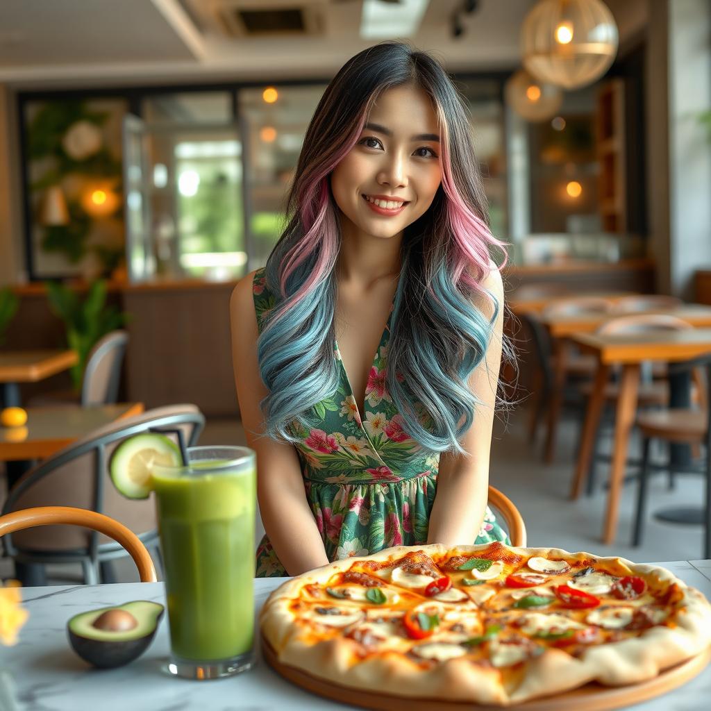 A beautiful Asian woman wearing a knee-length floral dress with a vibrant pattern, featuring hues of green, sky blue, and pink in her long layered hair