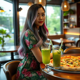 A beautiful Asian woman wearing a knee-length floral dress with a vibrant pattern, featuring hues of green, sky blue, and pink in her long layered hair
