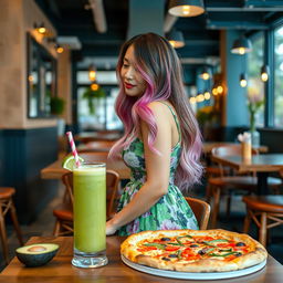 A beautiful Asian woman wearing a knee-length floral dress with a vibrant pattern, featuring hues of green, sky blue, and pink in her long layered hair