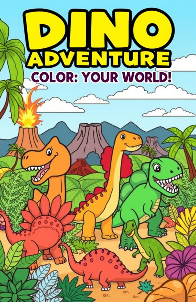 A playful and engaging coloring book cover design featuring a variety of dinosaurs, each labeled with their names like Tyrannosaurus Rex, Triceratops, Brachiosaurus, and Velociraptor