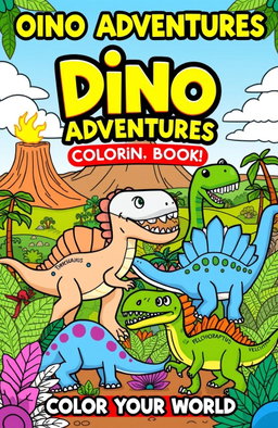 A playful and engaging coloring book cover design featuring a variety of dinosaurs, each labeled with their names like Tyrannosaurus Rex, Triceratops, Brachiosaurus, and Velociraptor
