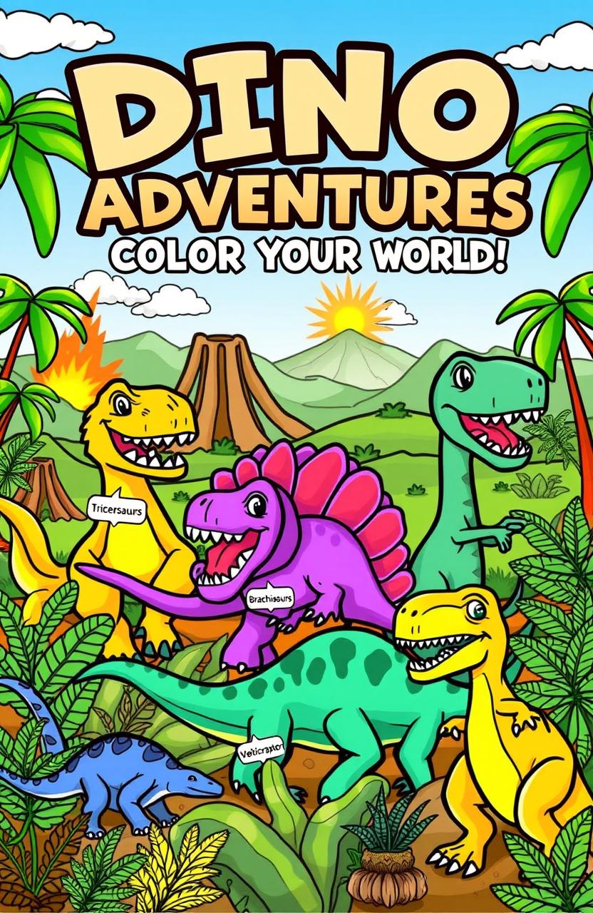 A playful and engaging coloring book cover design featuring a variety of dinosaurs, each labeled with their names like Tyrannosaurus Rex, Triceratops, Brachiosaurus, and Velociraptor