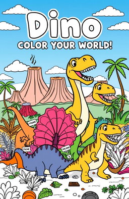 A playful and engaging coloring book cover design featuring a variety of dinosaurs, each labeled with their names like Tyrannosaurus Rex, Triceratops, Brachiosaurus, and Velociraptor