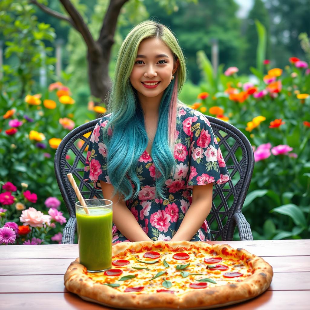 A beautiful Asian woman wearing a knee-length floral dress, featuring a vibrant pattern of flowers
