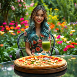 A beautiful Asian woman wearing a knee-length floral dress, featuring a vibrant pattern of flowers