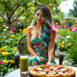 A beautiful Asian woman wearing a knee-length floral dress, featuring a vibrant pattern of flowers