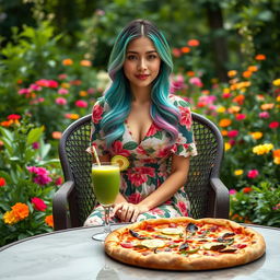 A beautiful Asian woman wearing a knee-length floral dress, featuring a vibrant pattern of flowers