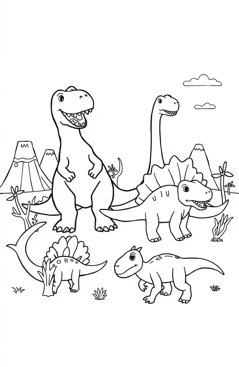 A black and white coloring book page featuring dinosaurs in various playful poses