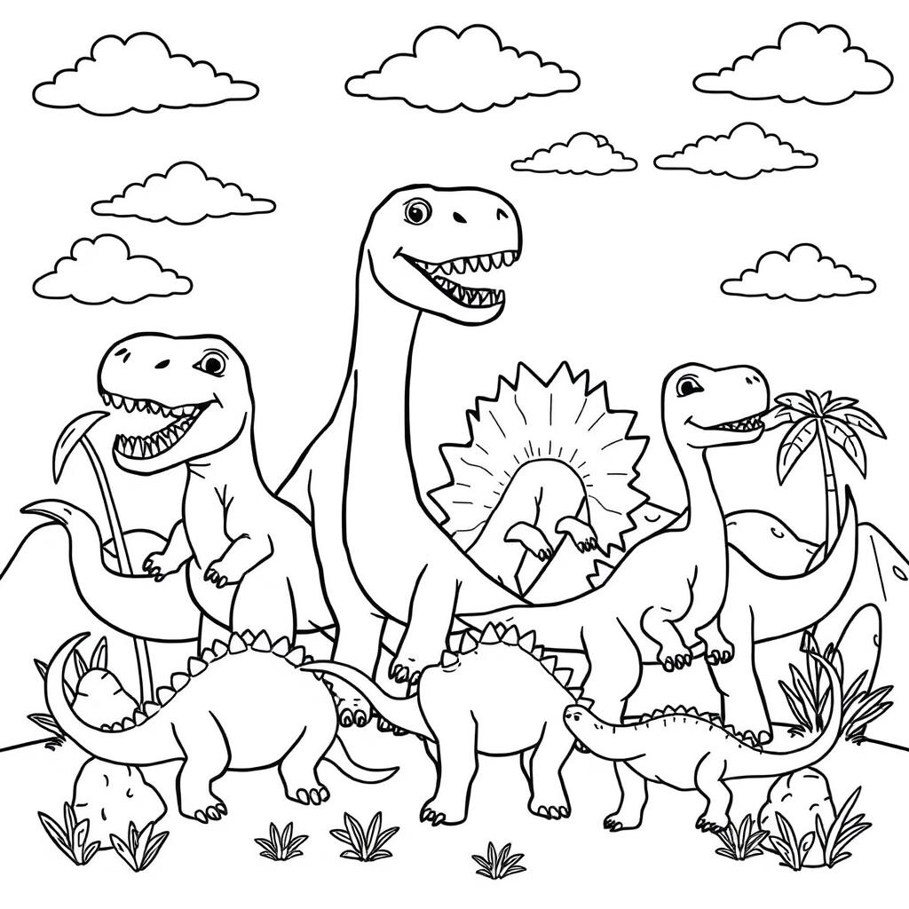 A black and white coloring book page showcasing a diverse collection of dinosaurs
