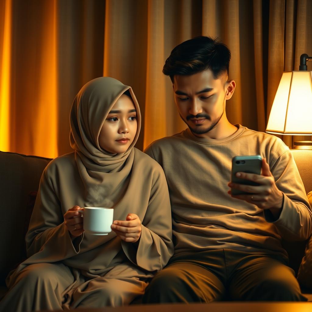 A young Indonesian Muslim couple sitting in their cozy living room at night