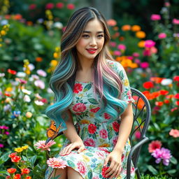 A beautiful Asian woman wearing a knee-length floral dress with colorful patterns, featuring long layered hair in shades of green, sky blue, and pink