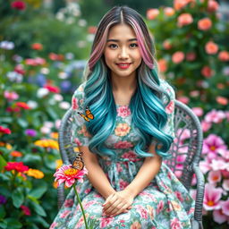 A beautiful Asian woman wearing a knee-length floral dress with colorful patterns, featuring long layered hair in shades of green, sky blue, and pink
