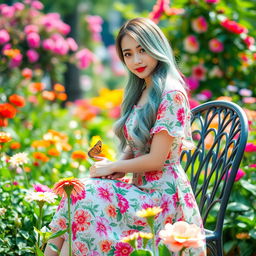 A beautiful Asian woman wearing a knee-length floral dress with colorful patterns, featuring long layered hair in shades of green, sky blue, and pink