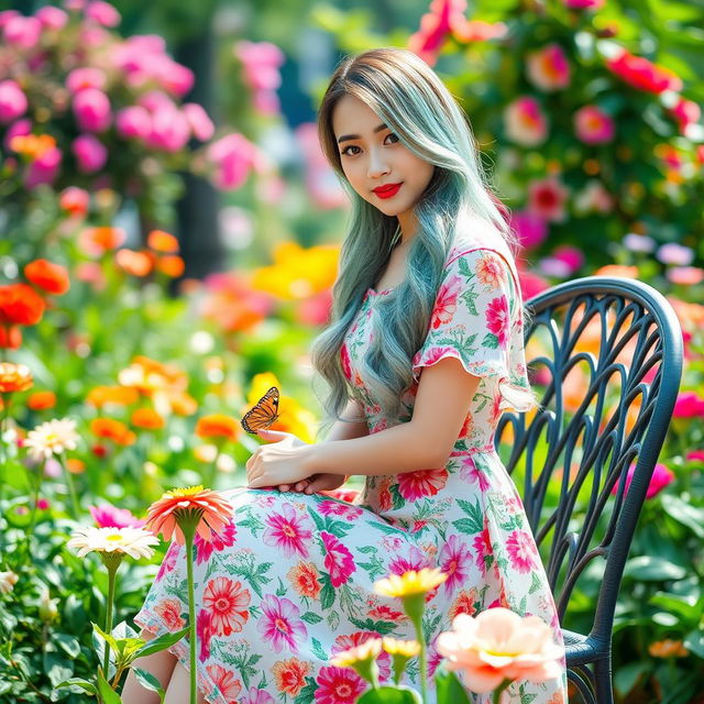 A beautiful Asian woman wearing a knee-length floral dress with colorful patterns, featuring long layered hair in shades of green, sky blue, and pink