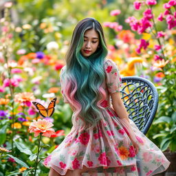 A beautiful Asian woman wearing a knee-length floral dress with colorful patterns, featuring long layered hair in shades of green, sky blue, and pink