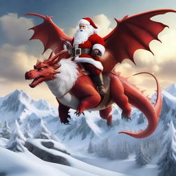 Santa Claus riding a majestic dragon instead of his classic reindeer sleigh, flying high over a snowy landscape.