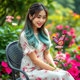 A beautiful Asian woman wearing a knee-length dress with floral patterns, her long layered hair in shades of green, sky blue, and pink, sitting on a garden chair facing forward