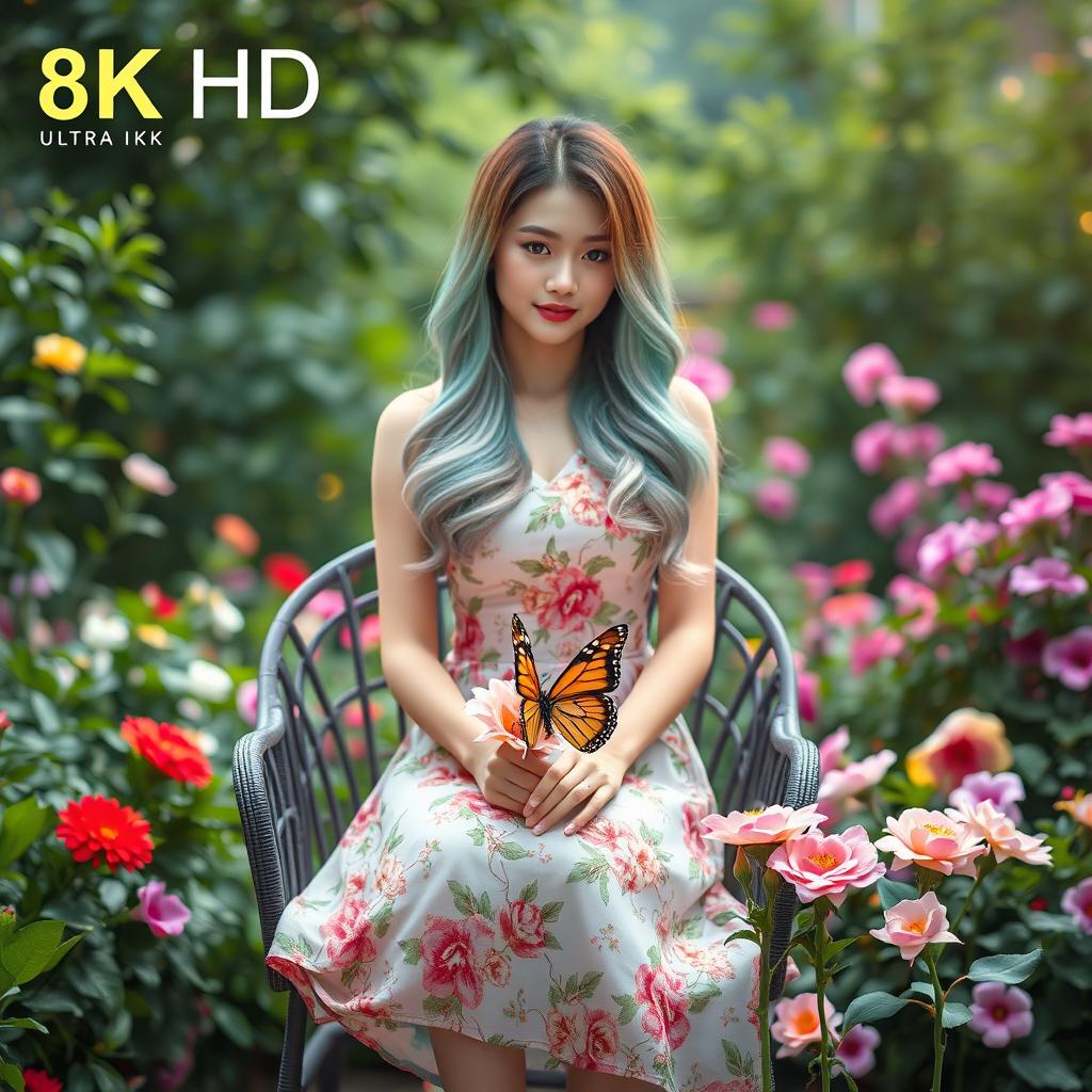 A beautiful Asian woman wearing a knee-length dress with floral patterns, her long layered hair in shades of green, sky blue, and pink, sitting on a garden chair facing forward