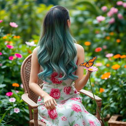 A beautiful Asian woman wearing a knee-length dress with floral patterns, her long layered hair in shades of green, sky blue, and pink, sitting on a garden chair facing forward