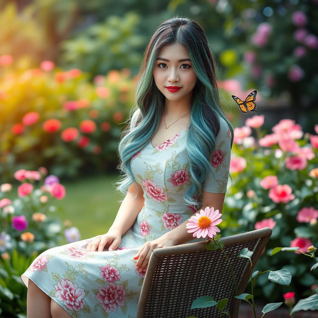 A beautiful Asian woman wearing a knee-length dress with floral patterns, her long layered hair in shades of green, sky blue, and pink, sitting on a garden chair facing forward