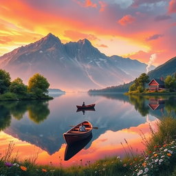 A serene and picturesque landscape featuring a tranquil lake reflecting the surrounding mountains at sunset, the sky painted in vibrant hues of orange, pink, and purple