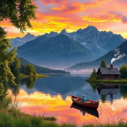 A serene and picturesque landscape featuring a tranquil lake reflecting the surrounding mountains at sunset, the sky painted in vibrant hues of orange, pink, and purple